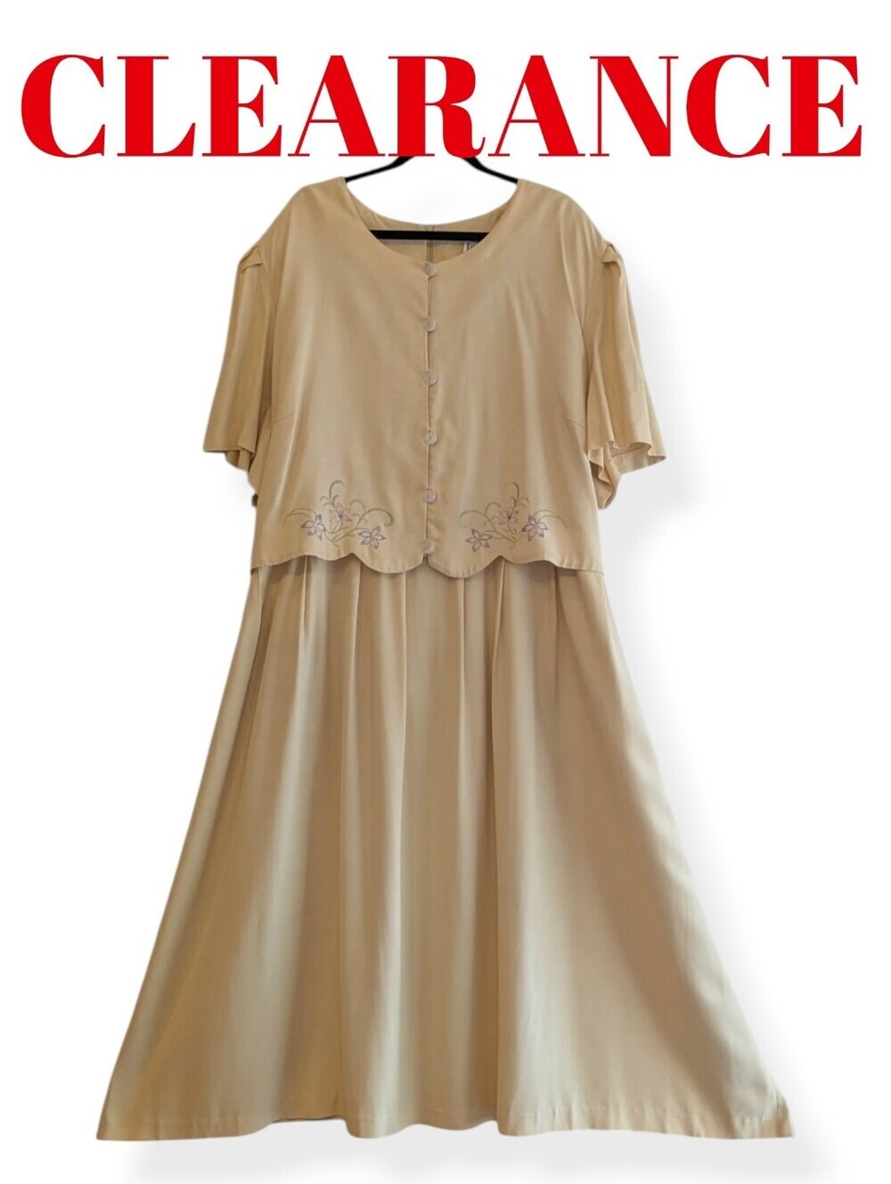 Kari’s Korner Plus Size Vintage Dress Tan Yellow Embroidered Size 32 Cottagecore